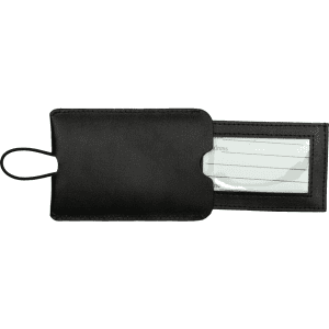A black leather luggage tag with a transparent slot for information. It features a pull-apart design and a loop handle.