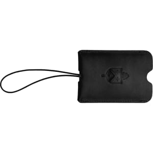 A black leather luggage tag with a loop attachment and a logo embossed on the surface.