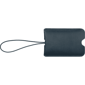 A dark leather luggage tag with a loop attachment. It features a minimalist design and has a logo.
