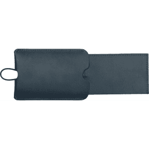 A navy blue pull-apart leather luggage tag with a loop for attaching to bags. It features a simple design.