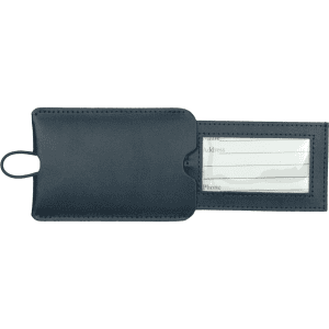 A navy leather luggage tag with a transparent window for identification information and a loop for attachment.