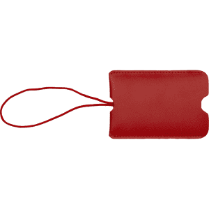 A red pull-apart leather luggage tag with a loop for attaching. The tag features a smooth finish and rounded edges.