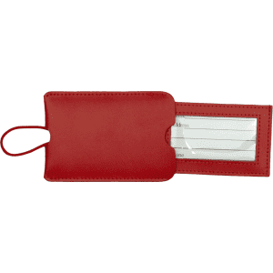 A red leather luggage tag featuring a clear window and space for personal information. It has a loop for attachment.