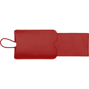 A red pull-apart leather luggage tag with a loop for attachment and a sleek design.