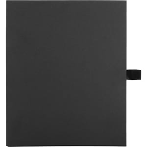A black folder with a flap closure, featuring a textured surface. It has a strap for secure closure and organisation.