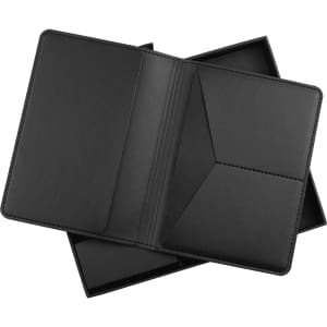 A black leather travel gift set featuring a sleek, unfolded case with card slots and a compartment.
