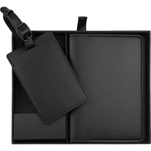 A black travel gift set including a passport holder, luggage tag, and a compartment for storage. Contains a logo.