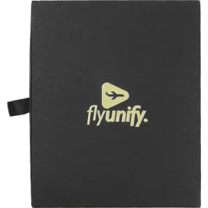 A black travel gift set with a gold logo, featuring a handle for easy carrying.