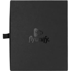 A black travel gift set with a logo, featuring a sleek and minimalist design.