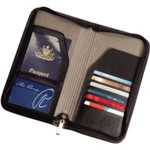 A black travel wallet with slots for a passport and multiple credit cards, featuring a smooth interior and a logo.