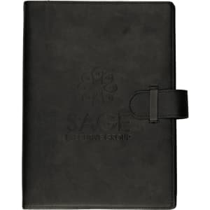 A black journal with a clasp closure, featuring a textured cover and a logo embossed on the front.