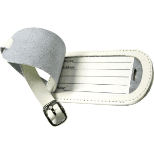 A grey and white coloured luggage tag with a smooth surface and an adjustable buckle strap for attachment.