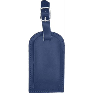 A navy blue luggage tag with a leather finish and a buckle strap for attachment. It features a logo.