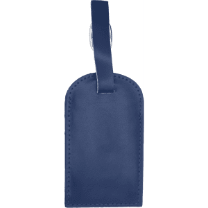 A navy blue luggage tag made of leather with a strap for attachment. It features a logo on the surface.