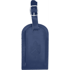 A navy blue luggage tag made of leather with a silver buckle and embossed design.