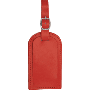A vibrant red luggage tag with a smooth finish and a metal buckle strap.