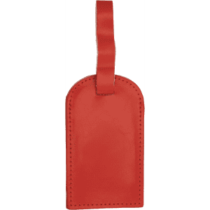A red luggage tag featuring a smooth finish and a sturdy strap for attachment.