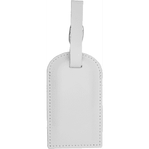 A white luggage tag with a smooth surface and a loop for attachment, featuring a logo.