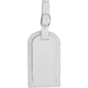A white luggage tag with a stitched border, featuring a buckle strap and a branding logo.