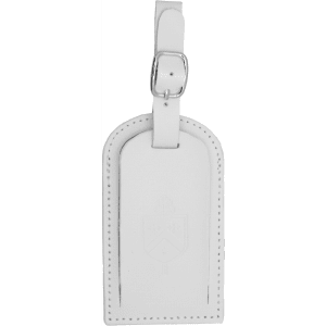 A white luggage tag made of leather, featuring a strap and a discreet logo.
