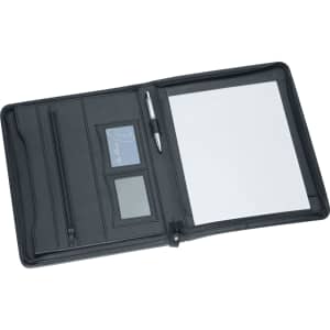A black imitation leather zip compendium with card slots, a pen, and a notepad. Features a zip closure and logo.