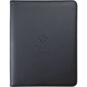 A black imitation leather zip compendium with an embossed logo on the front. Suitable for office and business use.