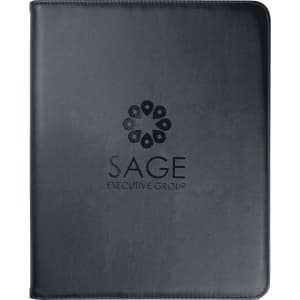 A black imitation leather zip compendium featuring a logo on the front cover.