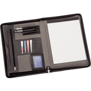 A black and grey imitation leather zip compendium featuring a notepad, pen holder, card slots, and document pockets.