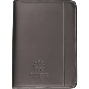 A two-tone A4 imitation leather zip compendium in dark grey with a logo on the front.