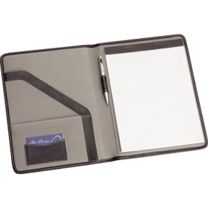 A4 pad cover in grey and black with a pen, notepad, and card pocket. Includes a branded logo.