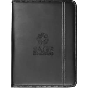 A black A4 pad cover featuring a textured surface and a logo embossed on the front.