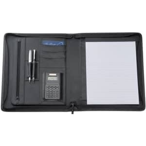 A black bonded leather compendium featuring a calculator, two pens, card slots, and a notepad.