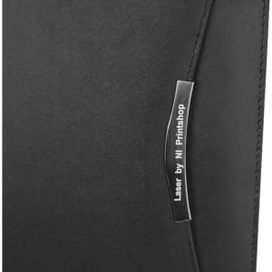 A black bonded leather compendium featuring a silver logo plate. Suitable for office and business use.