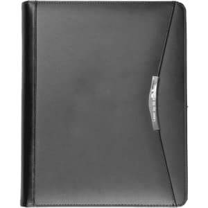 A black bonded leather compendium featuring a sleek design and a silver accent at the front. It includes a logo.