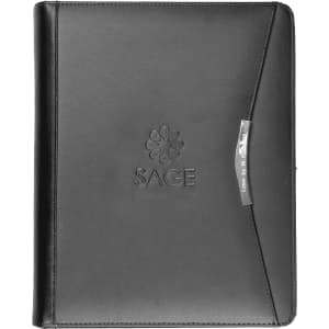 A black bonded leather compendium with a logo and a silver accent on the front cover.