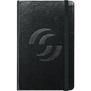 A black bound journal with a textured cover and an elastic band, featuring a logo on the front.