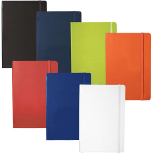 A collection of Ambassadors Bound JournalBooks in various colours including black, blue, green, orange, red, and white, with logos.