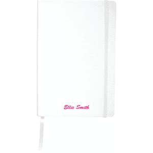 A white notebook with a ribbon bookmark and a pink name in a branded design.