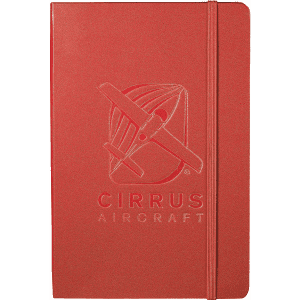 A red journal with a logo on the cover and an elastic band closure. Suitable for office and business use.