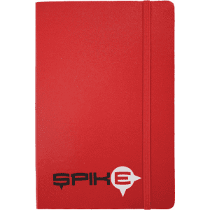 A red journal with a textured cover and an elastic band, featuring a logo on the front.