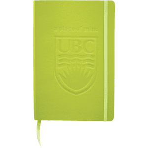 A green Ambassador Bound JournalBook featuring an embossed logo and an elastic closure.