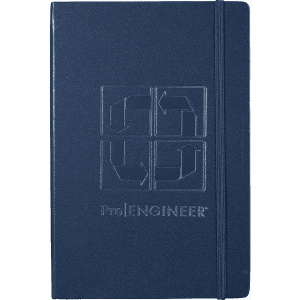 A navy blue journal with an embossed design and an elastic band closure, featuring a logo.
