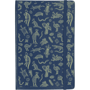 A navy blue notebook with a patterned cover featuring various animals and shapes, secured with an elastic band.