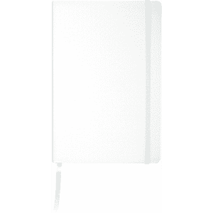 A white notebook with a textured cover, featuring an elastic band and a ribbon bookmark, includes a branding logo.