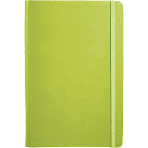 A green Ambassador Bound JournalBook with a smooth cover and an elastic closure. It features a simple design and branding.