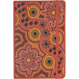 A vibrant red journal with Indigenous-inspired floral and dot designs, featuring an elastic band closure.