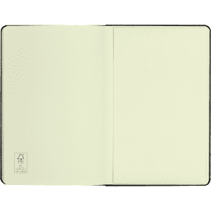 A black journal with blank pages and a logo. The interior features a smooth, light cream-coloured finish.