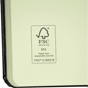 A bound journal with a black cover and cream-coloured pages, featuring an FSC certification logo.