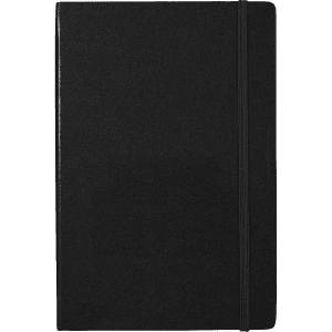 A black notebook with a smooth finish and an elastic band closure. It features a logo on the cover.