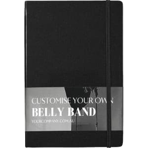 A black notebook with a belly band and an elastic closure, featuring a logo. Suitable for office and business use.